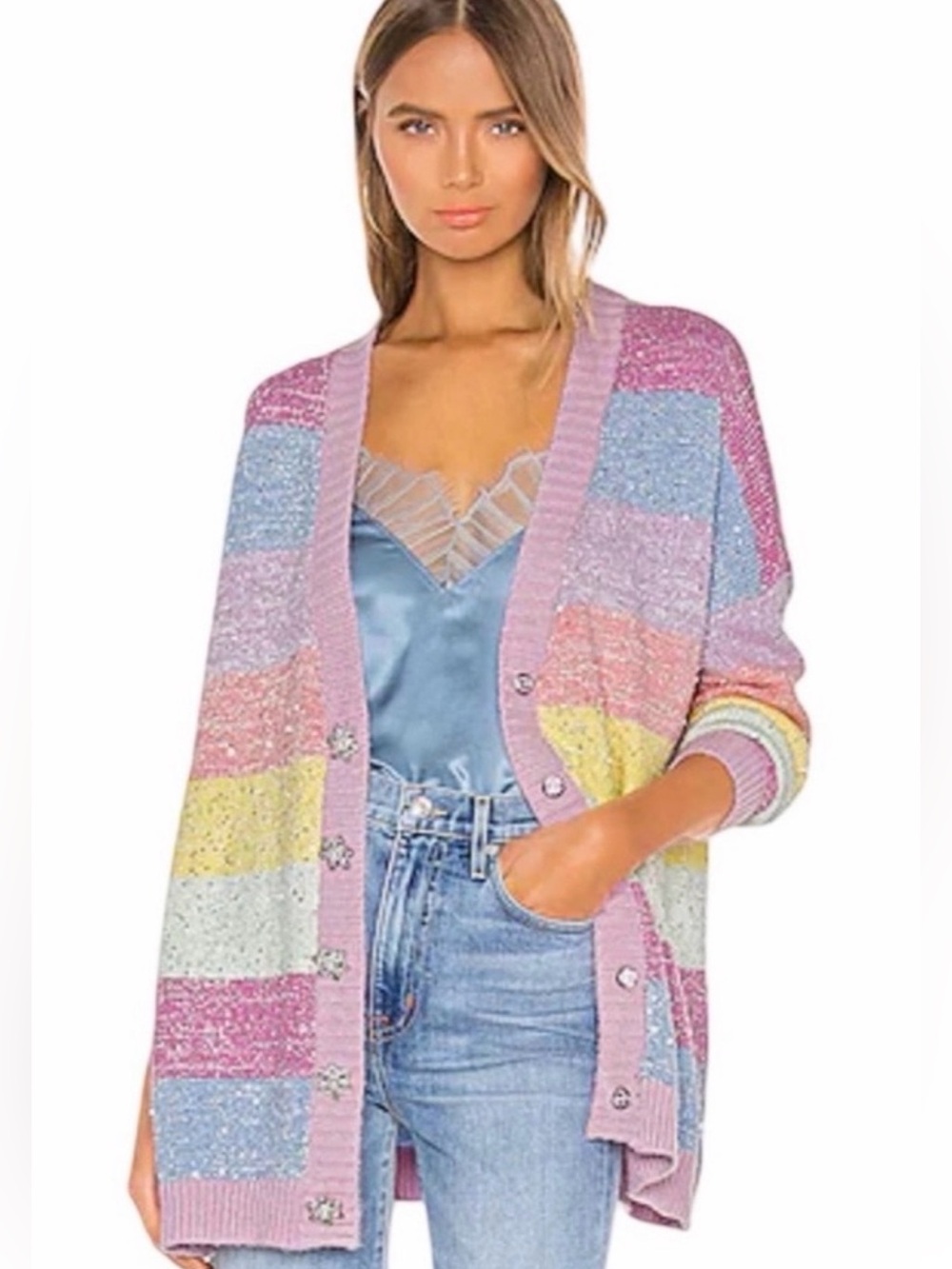 OLIVIA RUBIN Pastel Multicolor Striped V-Neck Mika Cardigan - X-Small